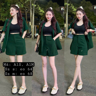 Sét bộ balzer nữ thời trang mặc đi chơi áo lót cotton mix quần đùi cotton lạnh ống đứng kèm áo khoác sơmi tay ngắn