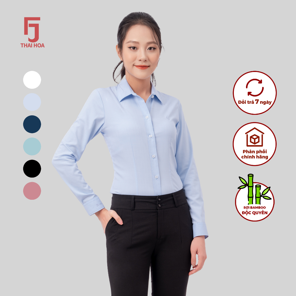 Áo sơ mi nữ R11 dài tay tinh chất sợi tre vải xước form ôm Thái Hòa dài tay nữ cổ Đức