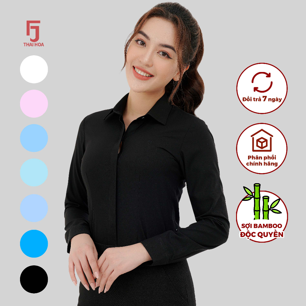 Áo sơ mi nữ dài tay R12 cổ đức form ôm vải sợi tre kẻ chìm nhiều màu Thái Hòa