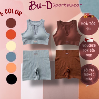 Bộ đồ tập gym nữ Botee Ribbed cổ U chất thun gân cao cấp(cổ U và quần ngắn)