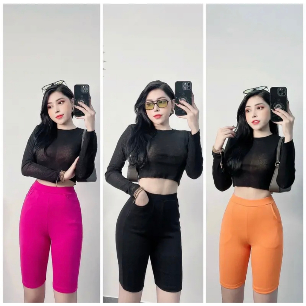 Quần Legging Nữ Lửng Thun Gân Cao Cấp Biker Đùi Ngố Cạp Cao Ôm Dáng Bigsize Có Túi Q29 ESHOP