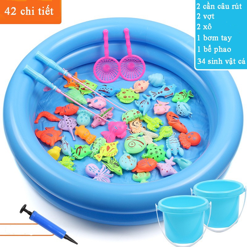Bộ đồ chơi câu cá cho bé 42 chi tiết gắn nam châm gồm cần câu nhựa bể phao 2 tầng cho trẻ thỏa thích vuichơi