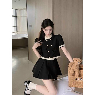 Sét váy nữ thời trang mặc đi chơi chất cotton lạnh áo cổ tròn tay ngắn cài nút phối viền voan mix chân váy xếp ly