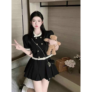 Sét váy nữ thời trang mặc đi chơi chất cotton lạnh áo cổ tròn tay ngắn cài nút phối viền voan mix chân váy xếp ly