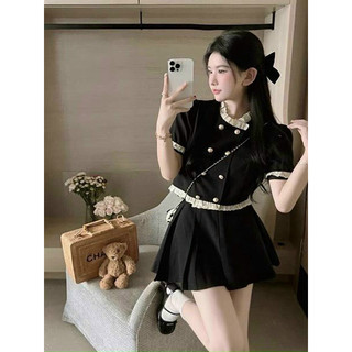 Sét váy nữ thời trang mặc đi chơi chất cotton lạnh áo cổ tròn tay ngắn cài nút phối viền voan mix chân váy xếp ly