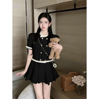 Sét váy nữ thời trang mặc đi chơi chất cotton lạnh áo cổ tròn tay ngắn cài nút phối viền voan mix chân váy xếp ly