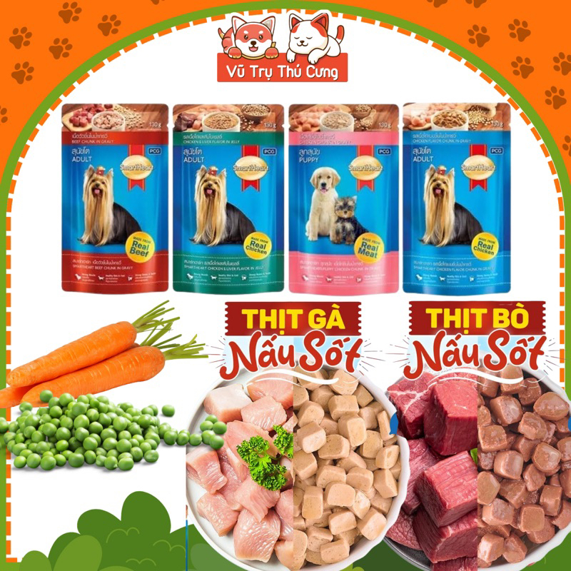 Pate cho Chó Smartheart gói 130g, thành phần từ Thịt bò, thịt gà và Rau củ