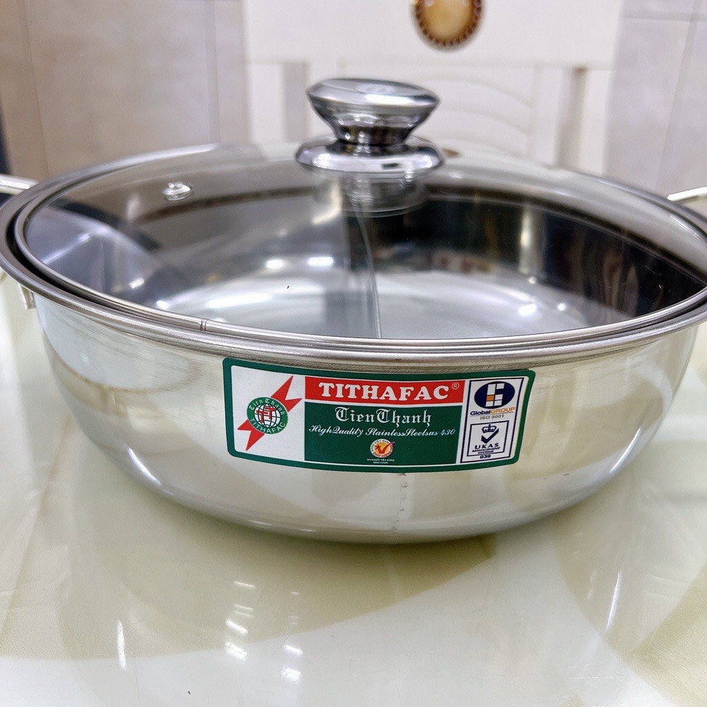 Nồi lẩu inox 2 ngăn Tithafac nắp kính nấu được bếp từ và bếp ga -Nồi lẩu inox 2 ngăn