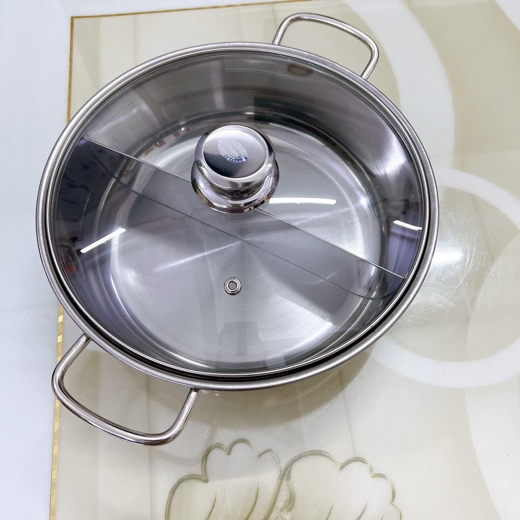 Nồi lẩu inox 2 ngăn Tithafac nắp kính nấu được bếp từ và bếp ga -Nồi lẩu inox 2 ngăn