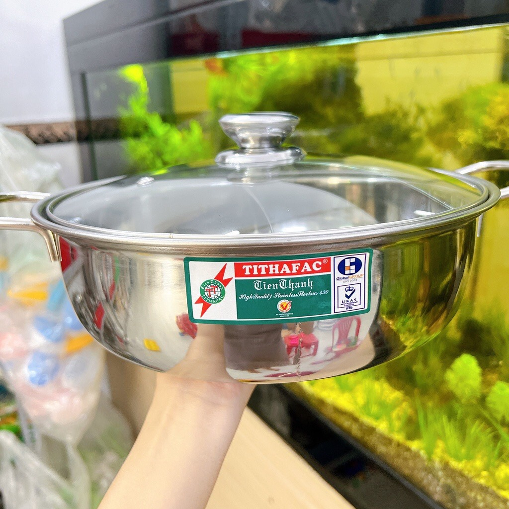 Nồi lẩu inox 2 ngăn Tithafac nắp kính nấu được bếp từ và bếp ga -Nồi lẩu inox 2 ngăn