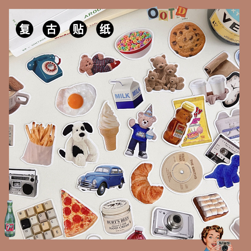 SET 50 STICKERS RETRO cắt sẵn có keo dán trang trí [Xinh Lắm cơ í ...