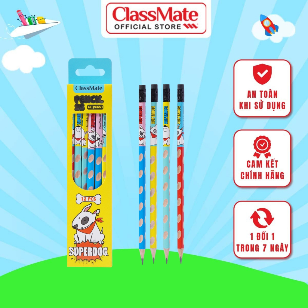 Hộp 12 Chiếc Bút Chì Gỗ Định Vị CLASSMATE Ngòi 2B, Thiết Kế Super Dog, Nét Bút Mịn, Dùng Tập Viết, Luyện Chữ CL-PC651