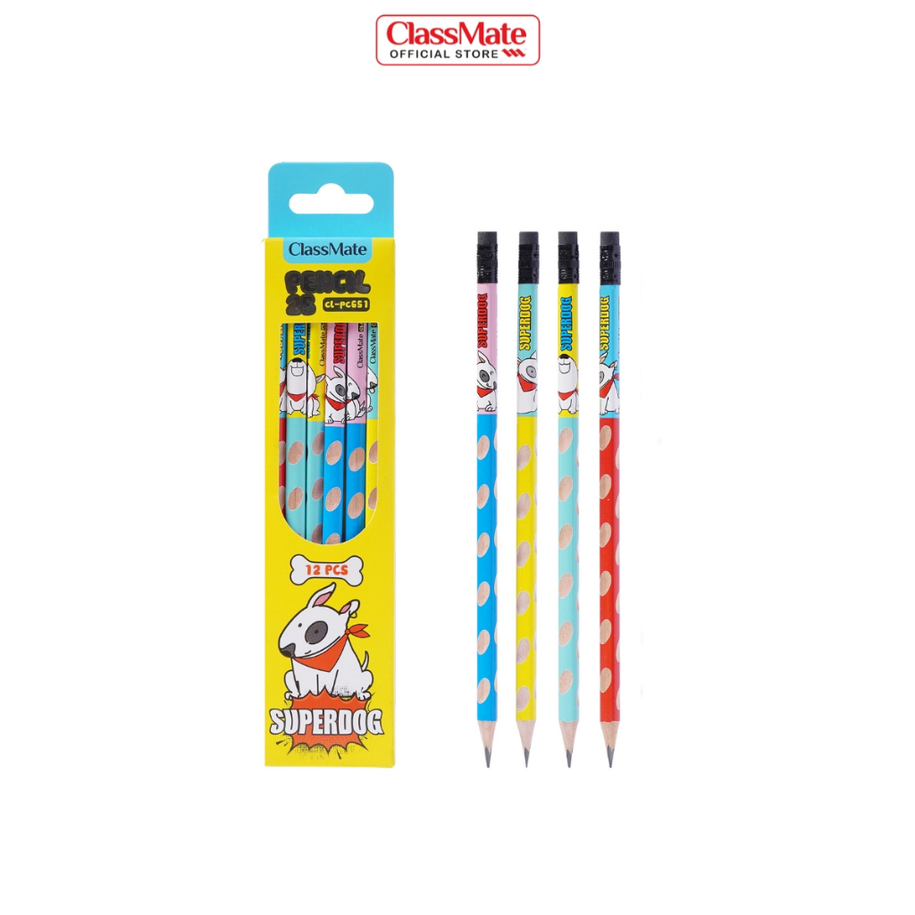 Hộp 12 Chiếc Bút Chì Gỗ Định Vị CLASSMATE Ngòi 2B, Thiết Kế Super Dog, Nét Bút Mịn, Dùng Tập Viết, Luyện Chữ CL-PC651