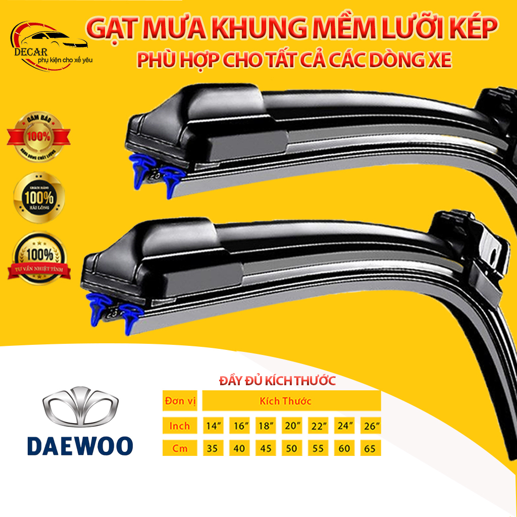 Gạt mưa LƯỠI KÉP silicon cao cấp cho xe DEAWOO, Daewoo Gentra, Lacetti, Lanos, Magnus, Nubira, Matiz,