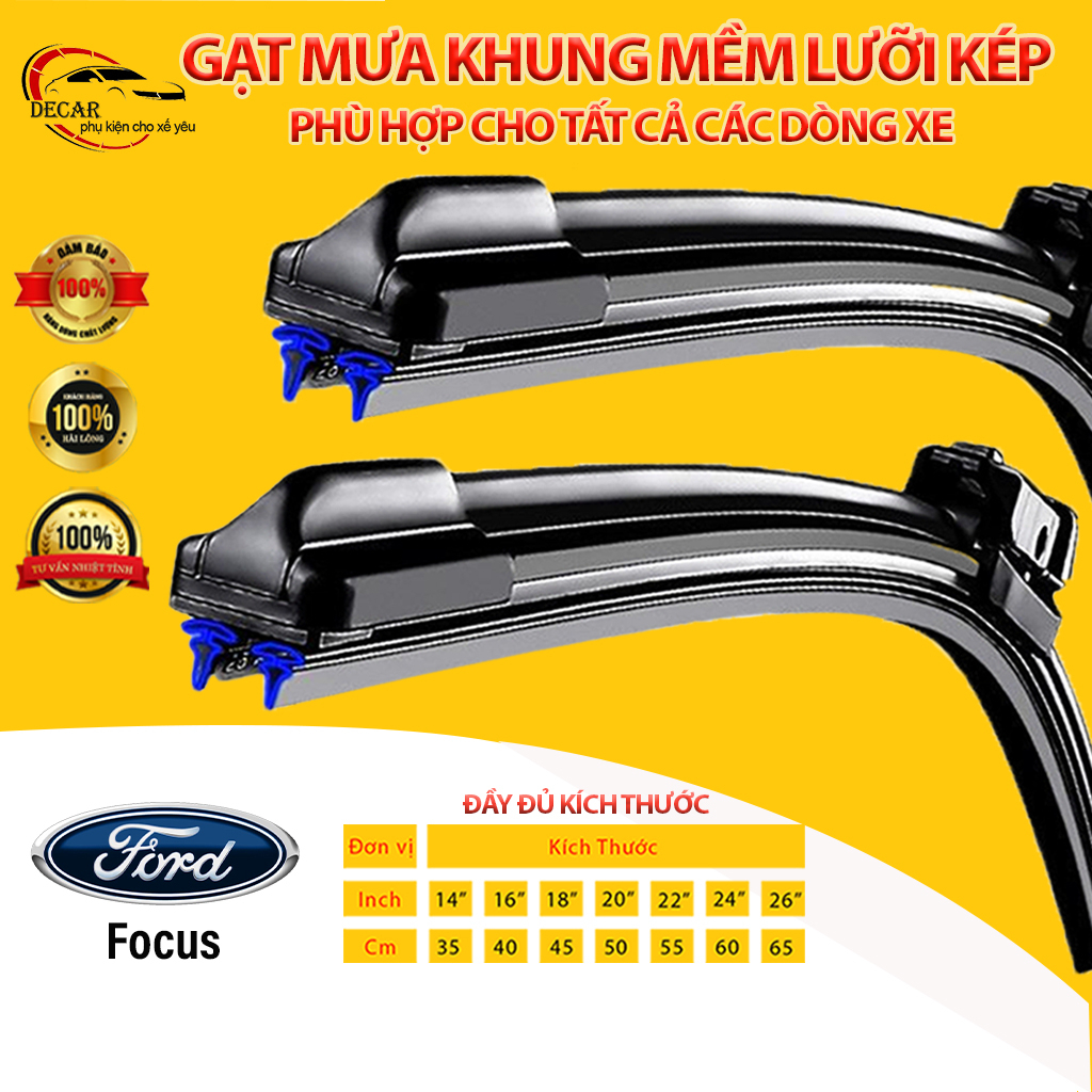 Gạt mưa LƯỠI KÉP silicon cao cấp cho xe FORD FOCUS, thanh gạt kính nước mưa oto xe hơi 2 lưỡi khung mềm đa năng