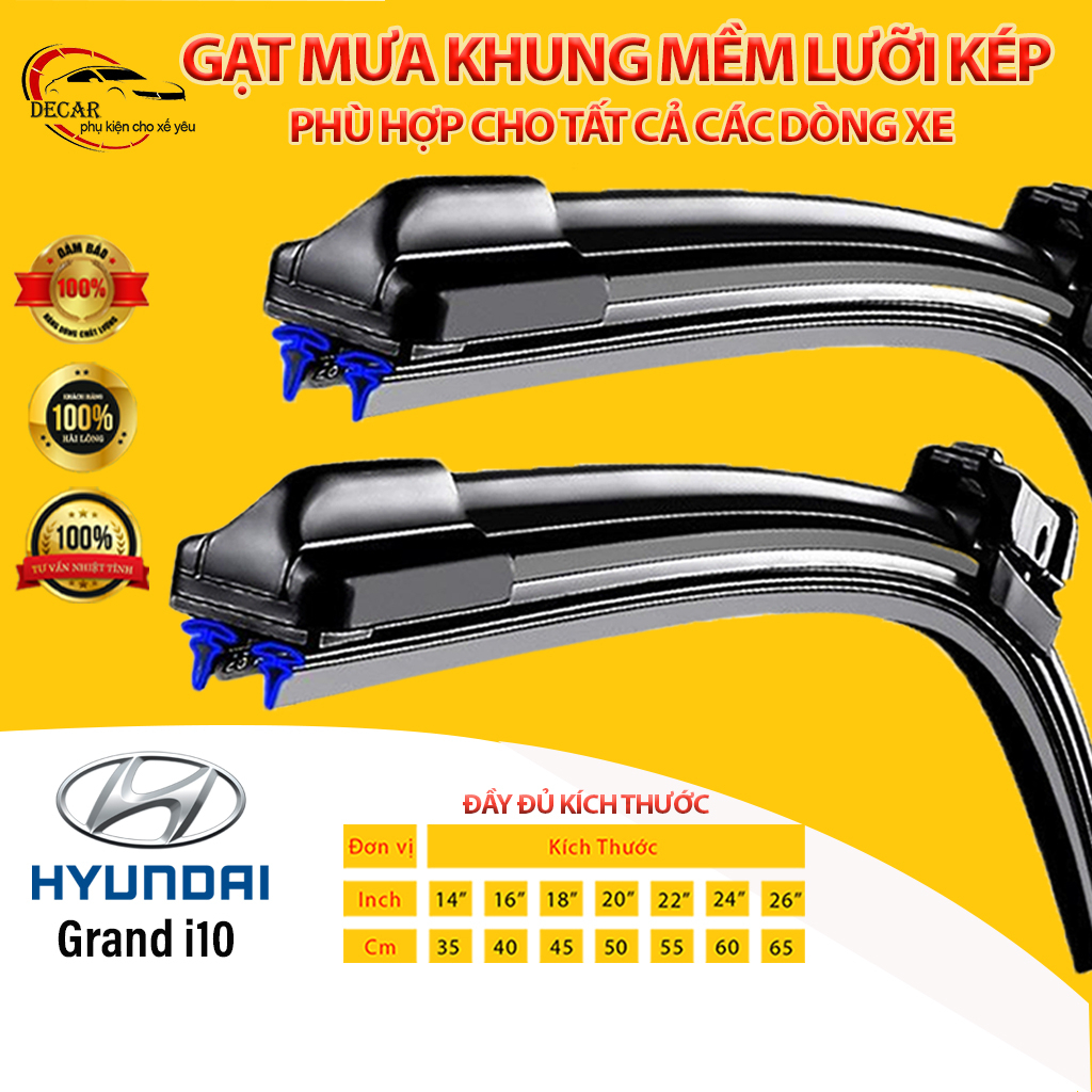 Gạt mưa LƯỠI KÉP silicon cao cấp cho xe HYUNDAI I10,thanh gạt kính nước mưa oto xe hơi 2 lưỡi khung mềm đa năng