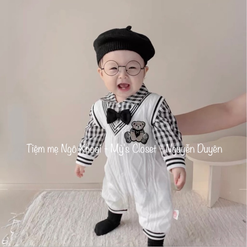 [MD02] Body len phối áo sơ mi kẻ xinh xắn cho bé trai mặc đầy tháng/ thôi nôi
