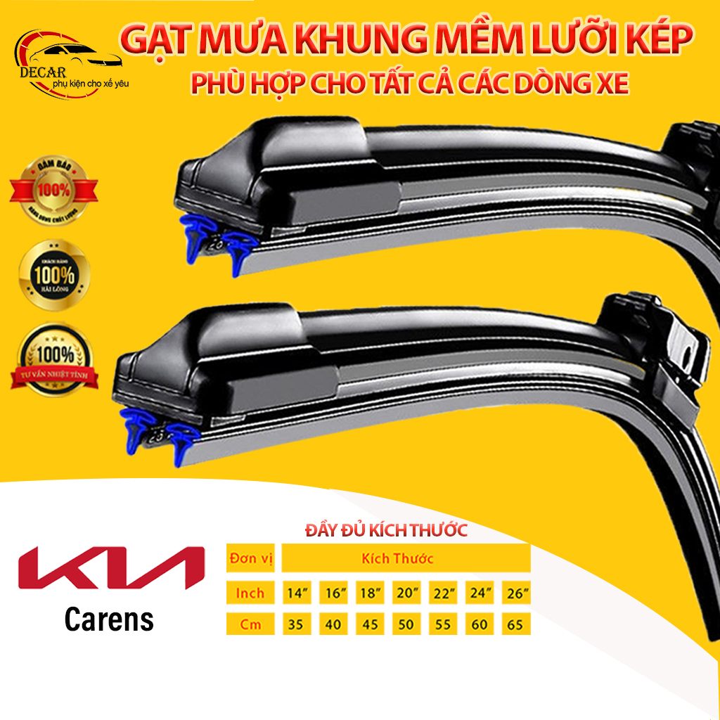 (KIA CARENS) Cần gạt mưa LƯỠI KÉP silicon cao cấp cho xe KIA  CARENS, thanh gạt kính nước mưa xe hơi 2 lưỡi khung mềm