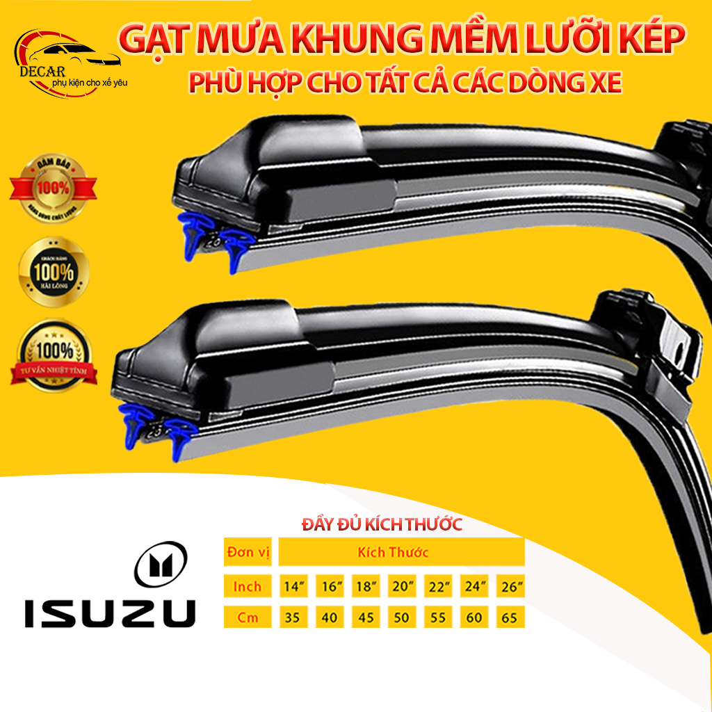 Gạt mưa LƯỠI KÉP silicon cao cấp cho xe tải Isuzu QKR, NQR, NMR 1.9-2.5 -3-3.5-6 tấn gạt  mưa 2 lưỡi khung mềm đa năng