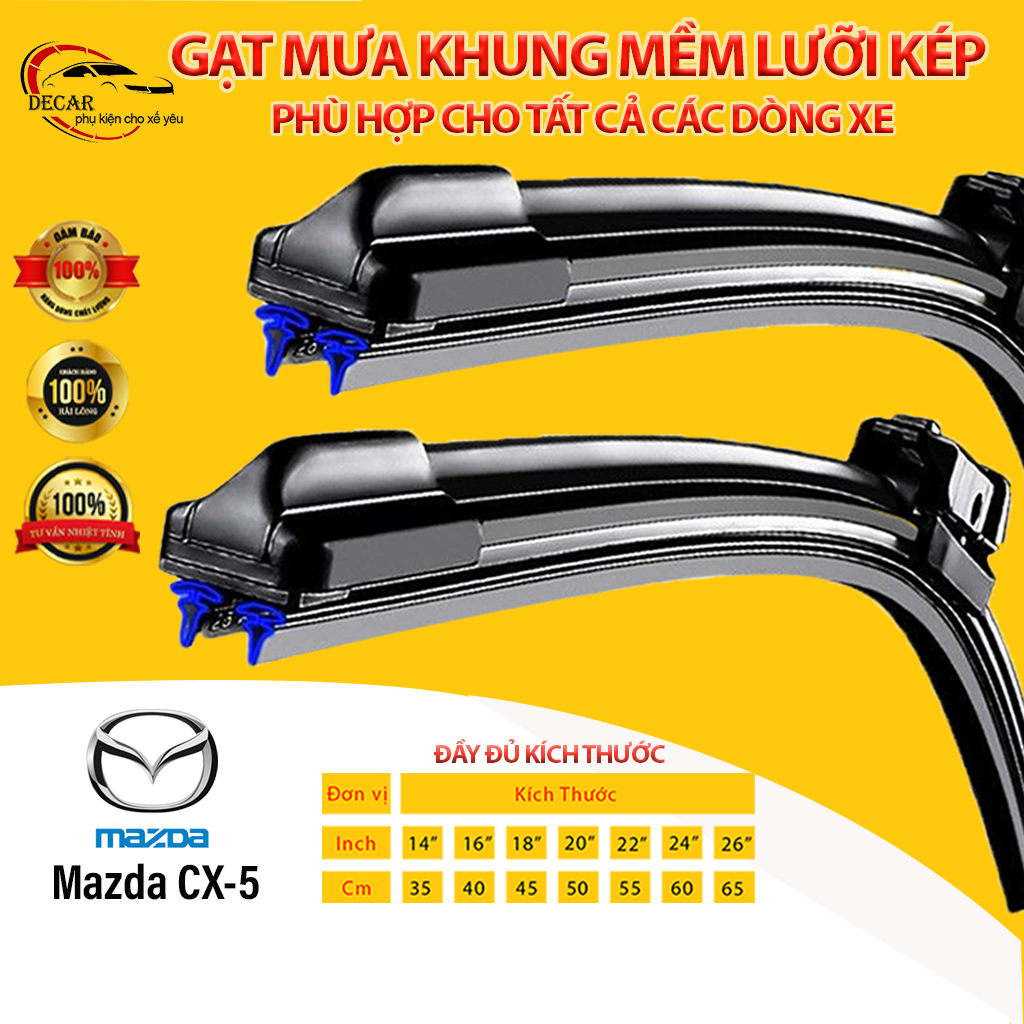 [MAZDA CX-5]Cần gạt mưa LƯỠI KÉP silicon cao cấp cho xe MAZDA CX-5, thanh gạt kính nước mưa xe hơi 2 lưỡi khung mềm