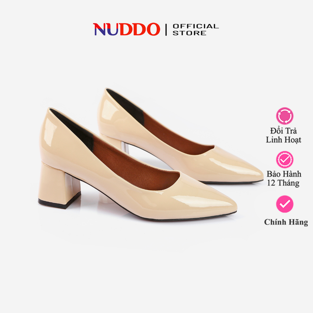 Giày cao gót công sở nữ 5 phân mũi nhọn đế vuông cao cấp da bóng trơn mềm mại NUDDO _H022B