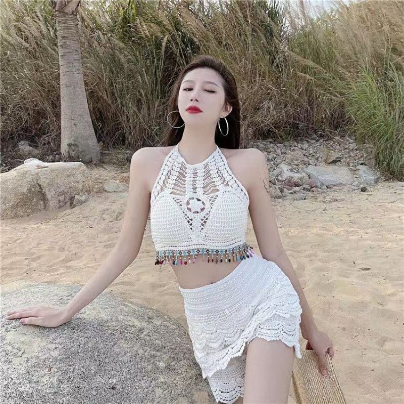 HH10-Ship hoả tốc-Set bikini ren đi biển 3 món bra yếm hạt mix quần sóc tầng giả váy và khoác hoa (có tách rời)