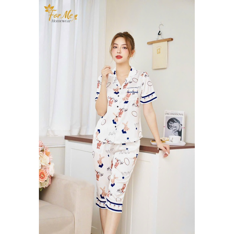 Bộ mặc nhà chất Lụa Hàn Châu Cao Cấp quần lửng tay ngắn hoạ tiết đẹp sang