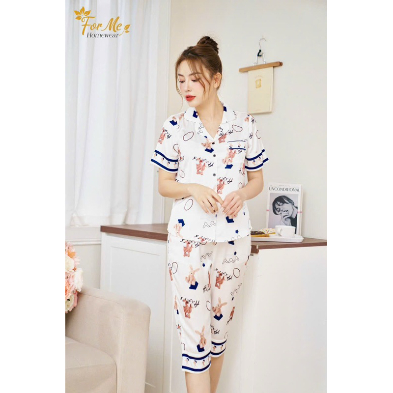 Bộ mặc nhà chất Lụa Hàn Châu Cao Cấp quần lửng tay ngắn hoạ tiết đẹp sang