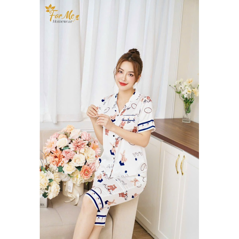 Bộ mặc nhà chất Lụa Hàn Châu Cao Cấp quần lửng tay ngắn hoạ tiết đẹp sang