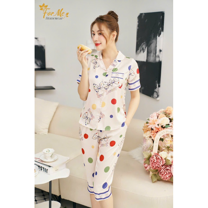 Bộ mặc nhà chất Lụa Hàn Châu Cao Cấp quần lửng tay ngắn hoạ tiết đẹp sang