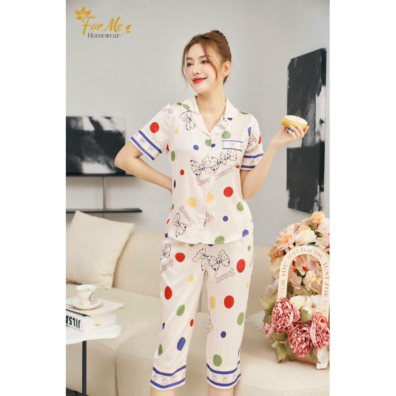Bộ mặc nhà chất Lụa Hàn Châu Cao Cấp quần lửng tay ngắn hoạ tiết đẹp sang