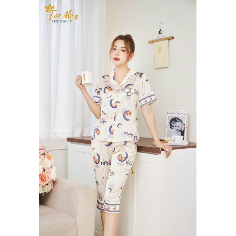 Bộ mặc nhà chất Lụa Hàn Châu Cao Cấp quần lửng tay ngắn hoạ tiết đẹp sang