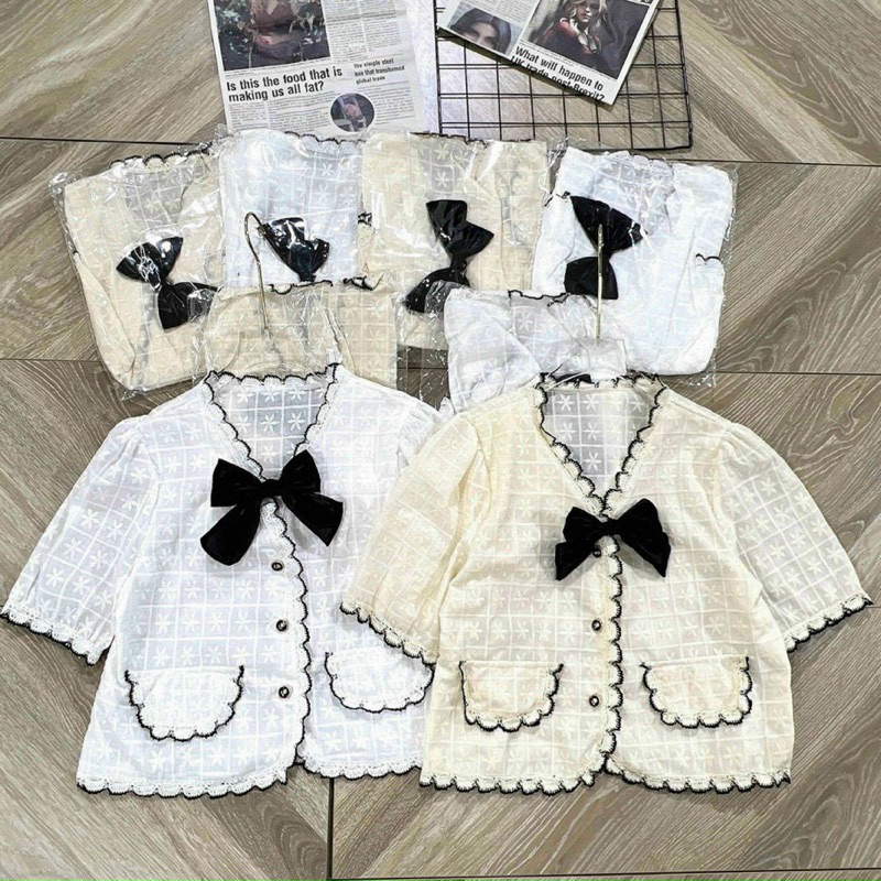 Áo sơ mi nữ Vintage kèm nơ khuy ngọc hai màu tiểu thư tôn dáng