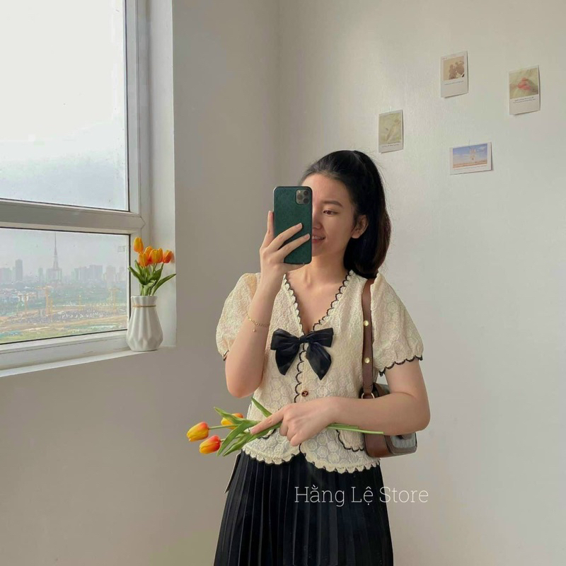 Áo sơ mi nữ Vintage kèm nơ khuy ngọc hai màu tiểu thư tôn dáng