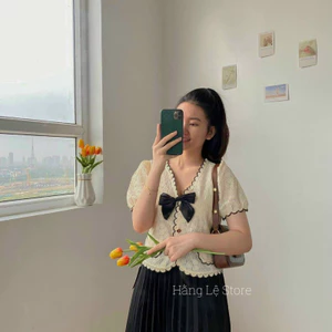 Áo sơ mi nữ Vintage kèm nơ khuy ngọc hai màu tiểu thư tôn dáng
