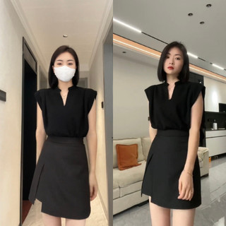 Set Áo Sát Nách Cổ Tàu Chữ V & Quần Giả Váy Phong Cách Hàn Quốc Form Đứng Dễ Phối Đồ Chất Liệu
