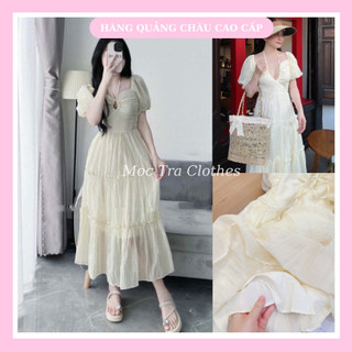 Đầm maxi nữ Quảng Châu thiết kế tay bồng tơ tiểu thư siêu xinh, Váy xòe nữ dáng dài midi trẻ trung rẻ đẹp