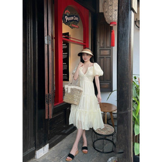 Đầm maxi nữ Quảng Châu thiết kế tay bồng tơ tiểu thư siêu xinh, Váy xòe nữ dáng dài midi trẻ trung rẻ đẹp