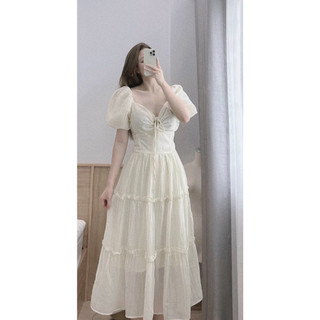 Đầm maxi nữ Quảng Châu thiết kế tay bồng tơ tiểu thư siêu xinh, Váy xòe nữ dáng dài midi trẻ trung rẻ đẹp