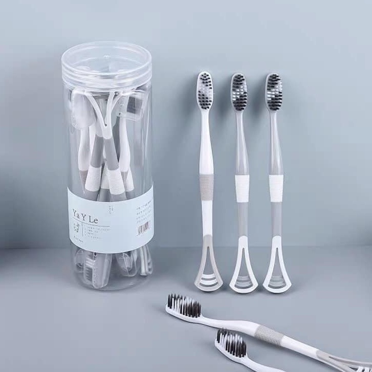 Hộp 8 Bàn Chải Đánh Răng 2 Đầu Kèm Cạo Lưỡi , Bàn Chải Đánh Răng 2 In 1 Có Đầu Cạo Lưỡi, Bàn Chải Đánh Răng Kèm Cạo Lưỡi