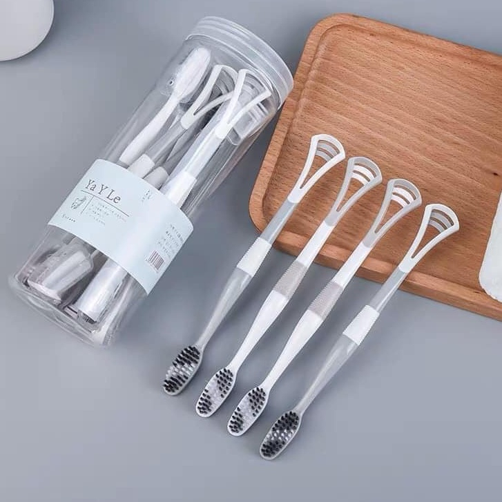Hộp 8 Bàn Chải Đánh Răng 2 Đầu Kèm Cạo Lưỡi , Bàn Chải Đánh Răng 2 In 1 Có Đầu Cạo Lưỡi, Bàn Chải Đánh Răng Kèm Cạo Lưỡi