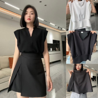 Set Áo Sát Nách Cổ Tàu & Quần Váy - Áo Cổ V, Quần Giả Váy Hẹn Hò, Dự Tiệc Dễ Thương Cá Tính