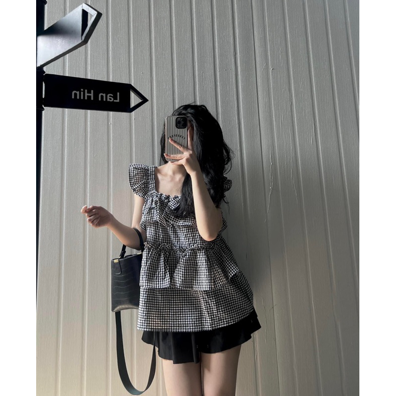 Áo Babydoll Nữ Kẻ Bèo Tầng Ullzzang Hàn Quốc