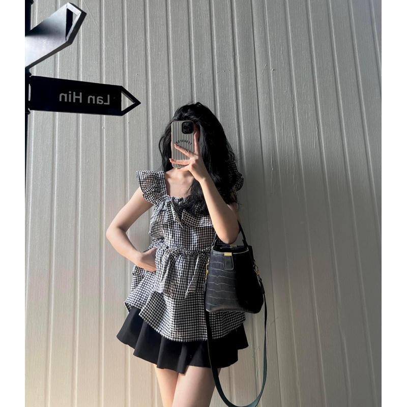 Áo Babydoll Nữ Kẻ Bèo Tầng Ullzzang Hàn Quốc