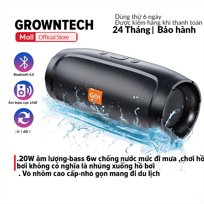 Loa bluetooth nghe nhạc mini GrownTech charge 3+ mini 10W chống nước vỏ nhôm cao cấp
