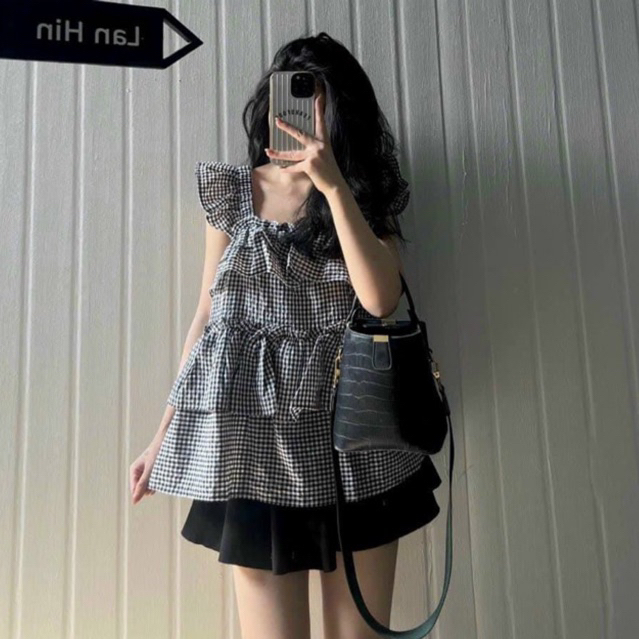 Áo Babydoll Nữ Kẻ Bèo Tầng Ullzzang Hàn Quốc