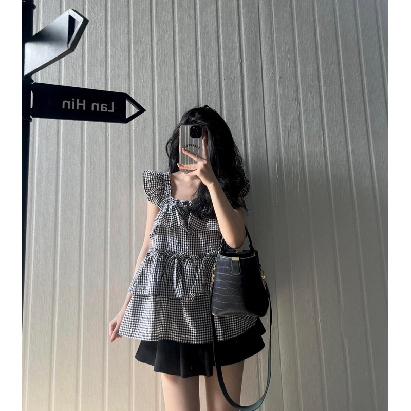 Áo Babydoll Nữ Kẻ Bèo Tầng Ullzzang Hàn Quốc