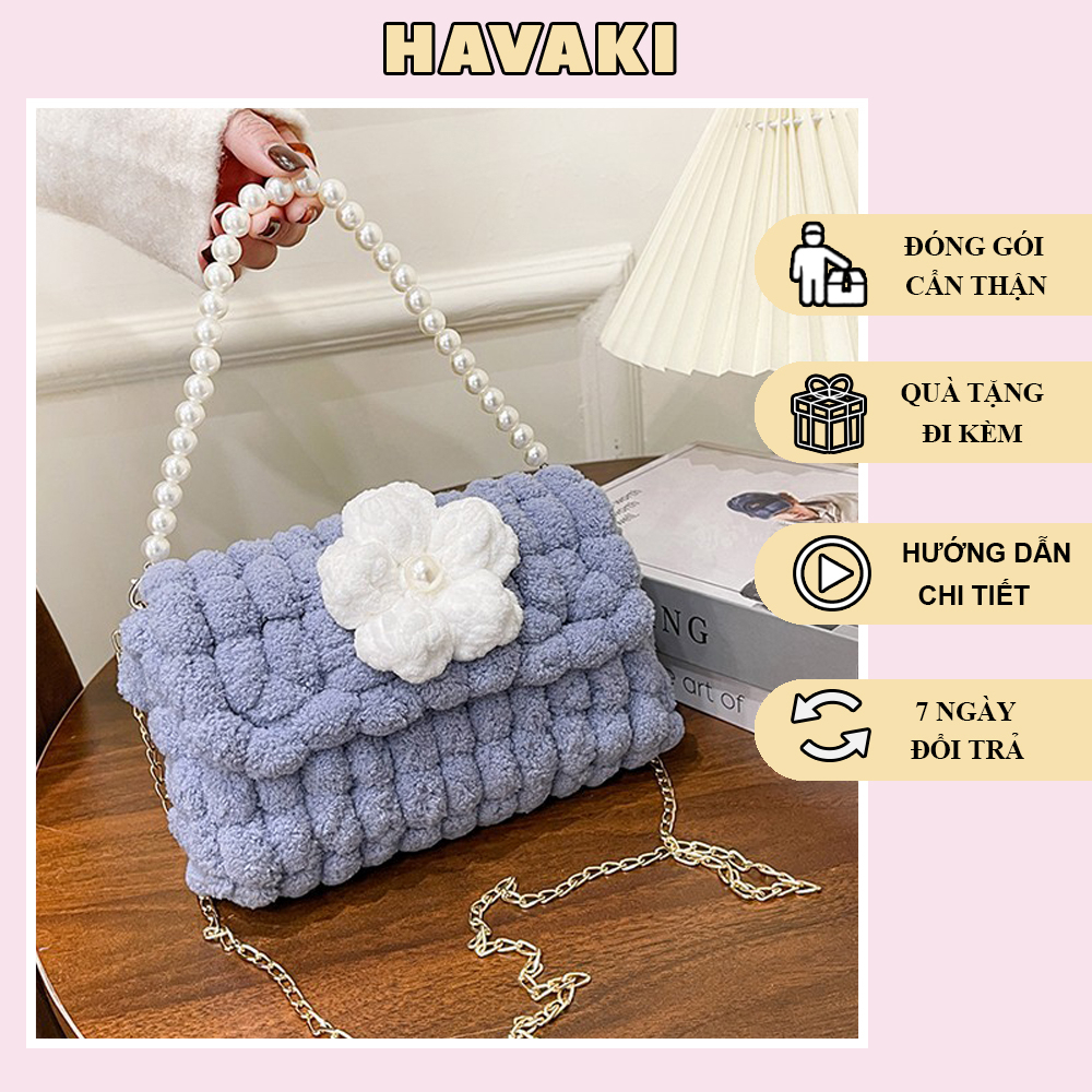 Túi tự đan len bông tròn, túi DYI len bi, túi handmade tự đan đính hoa ...