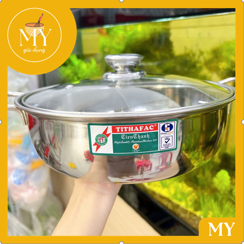 Nồi lẩu inox 2 ngăn Tithafac nắp kính nấu được bếp từ và bếp ga -Nồi lẩu inox 2 ngăn