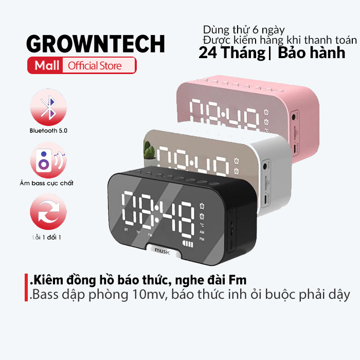 Loa bluetooth không dây mini kiêm đồng hồ báo thức GrownTech G10 màn hình tráng gương